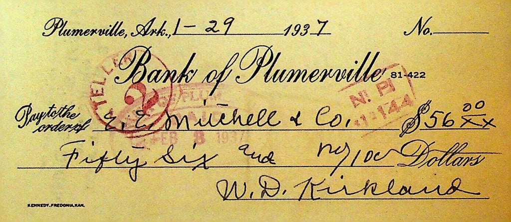 Bank of Plumerville Arkansas Used Bank Check 1937