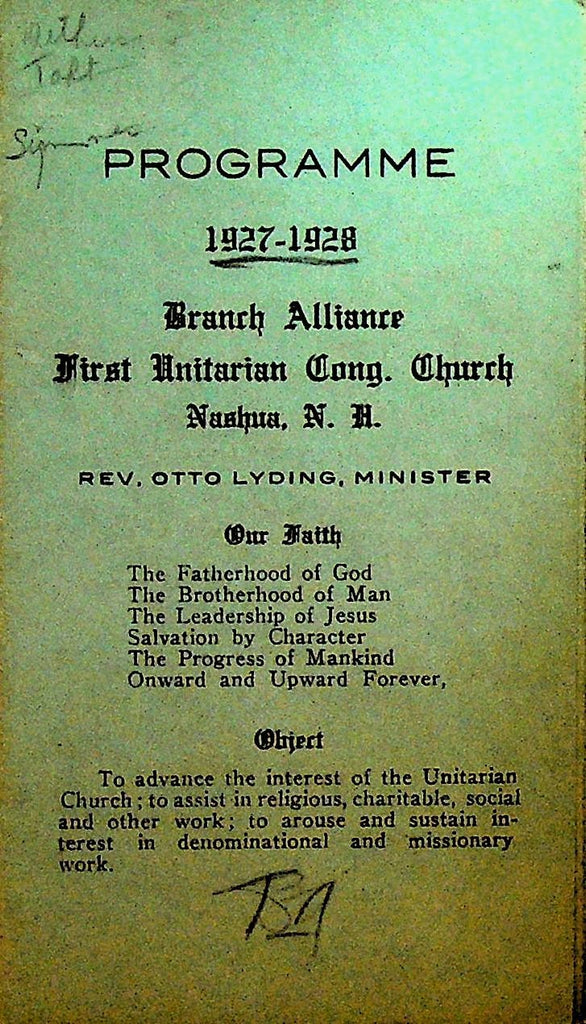 Branch Alliance First Unitarian Congregational Church Program 1927 Nashua NH0