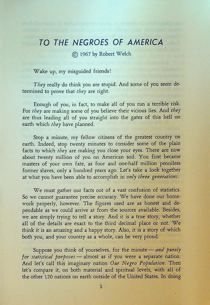 To the Negroes of America by Robert Welch 1967 Booklet0