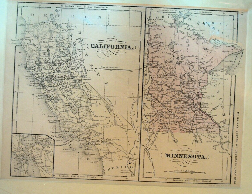 California & Minnesota Matted Map 1881 Appleton
