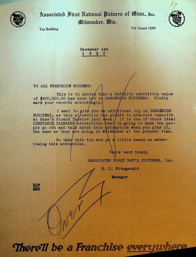 Associated First National Pictures Letterhead December 1 1920 Dangerous Business0
