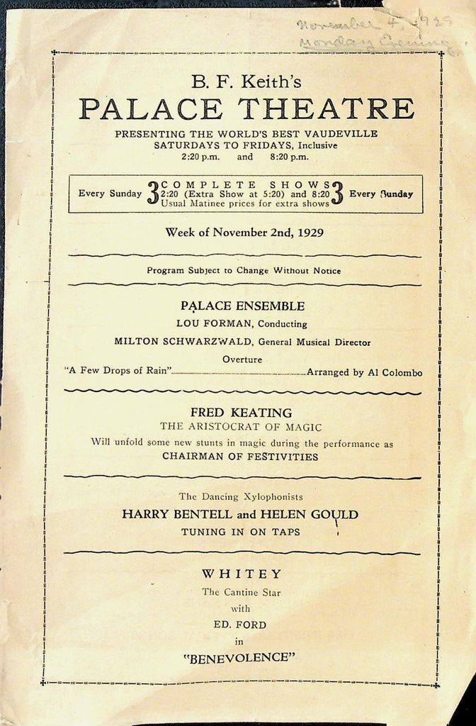 BF Keith Palace Theatre Vaudeville Program November 2 1929 Helen Kane0
