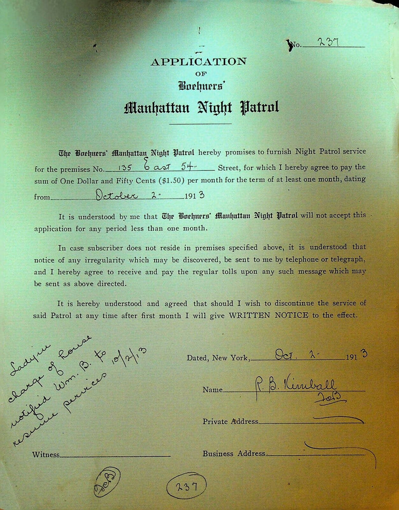 Boehners Manhattan Night Patrol Signed Contract 1913 RB Kimball 135 E 54th St