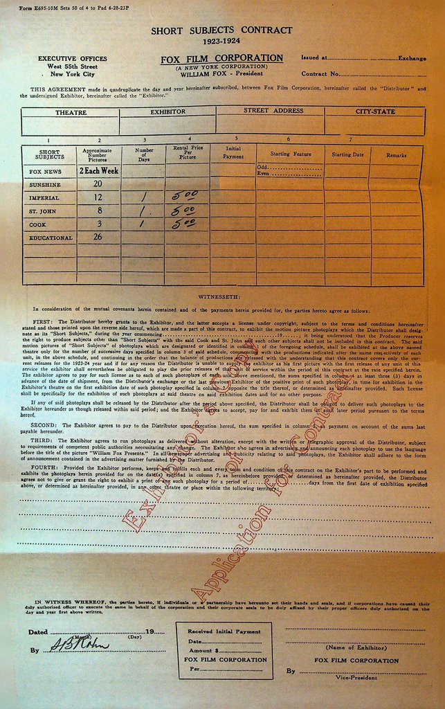 Fox Film Application for Contract 1923 Imperial St John Cook Shorts Silent Films0