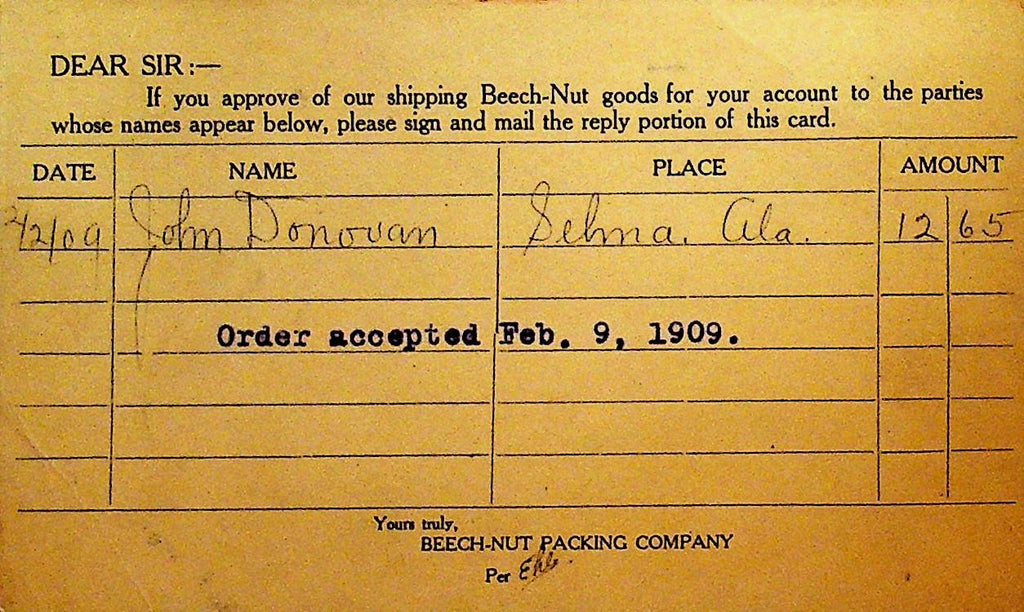 Beech Nut Packing 1909 Postal Card to Selma Alabama0