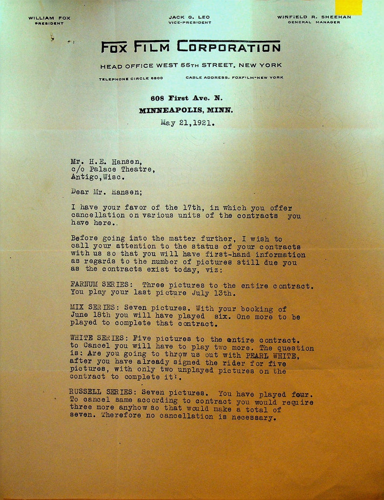 Fox Film Letterhead May 21 1921 Tom Mix Clyde Cook Shirley Mason William Farnum0
