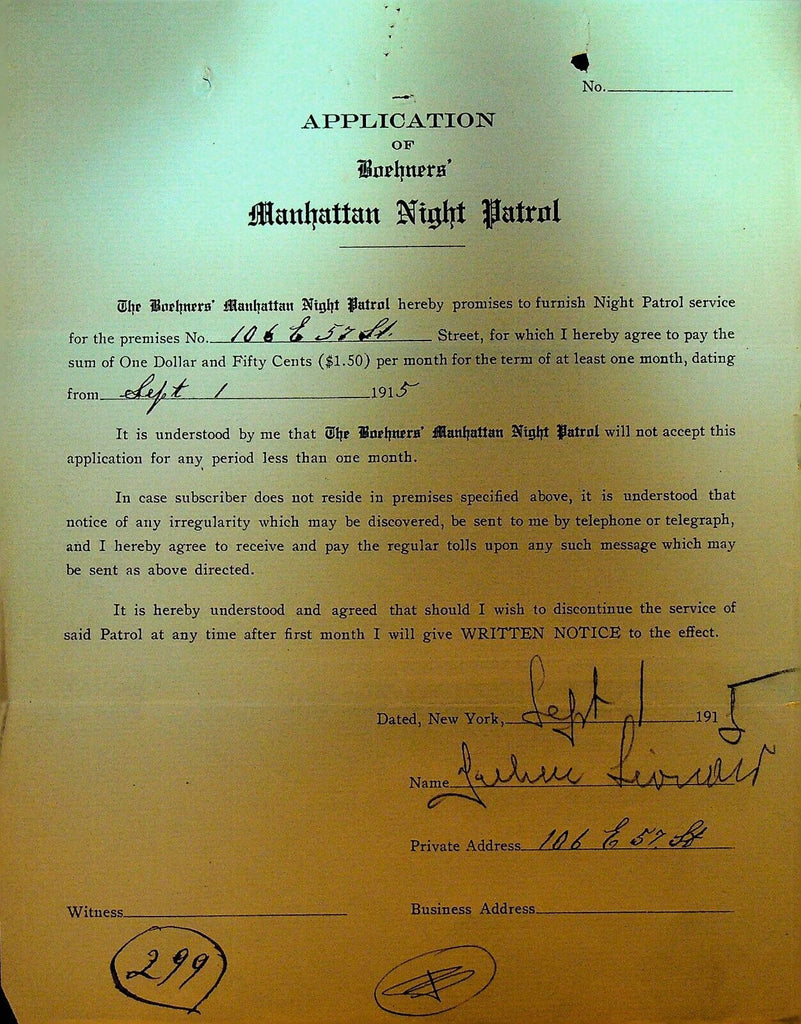 Boehners Manhattan Night Patrol Signed Contract 1915 106 East 57th St