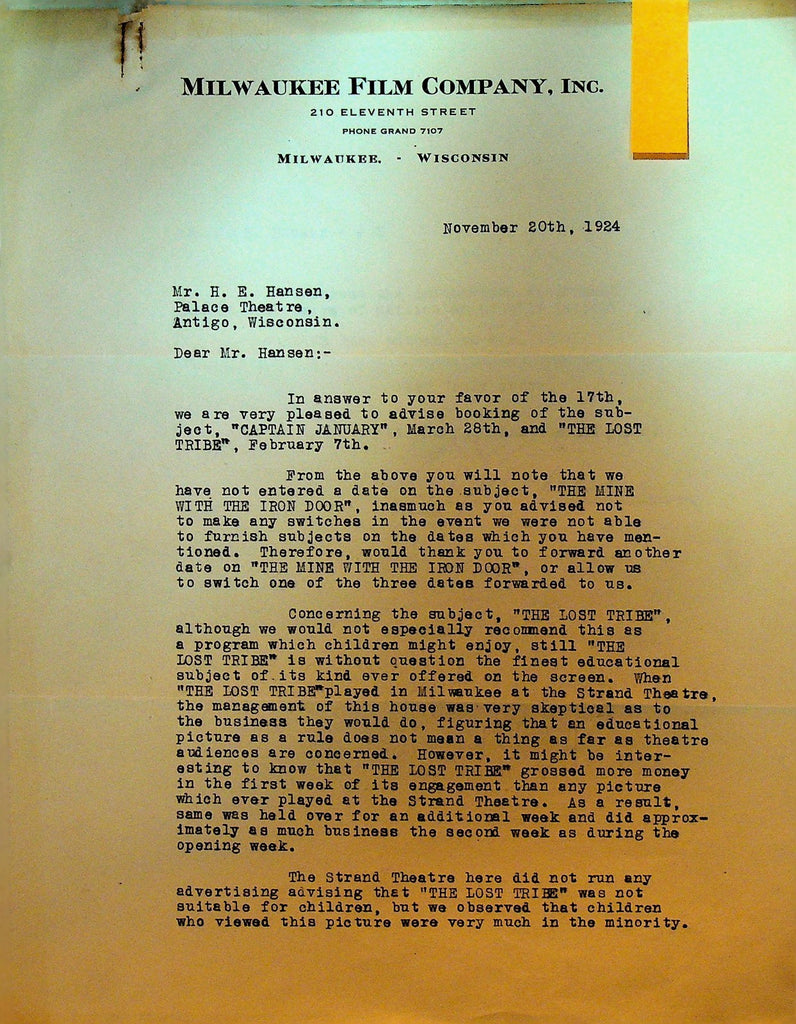 Milwaukee Film Company Letterhead November 20 1924 Captain January Lost Tribe0