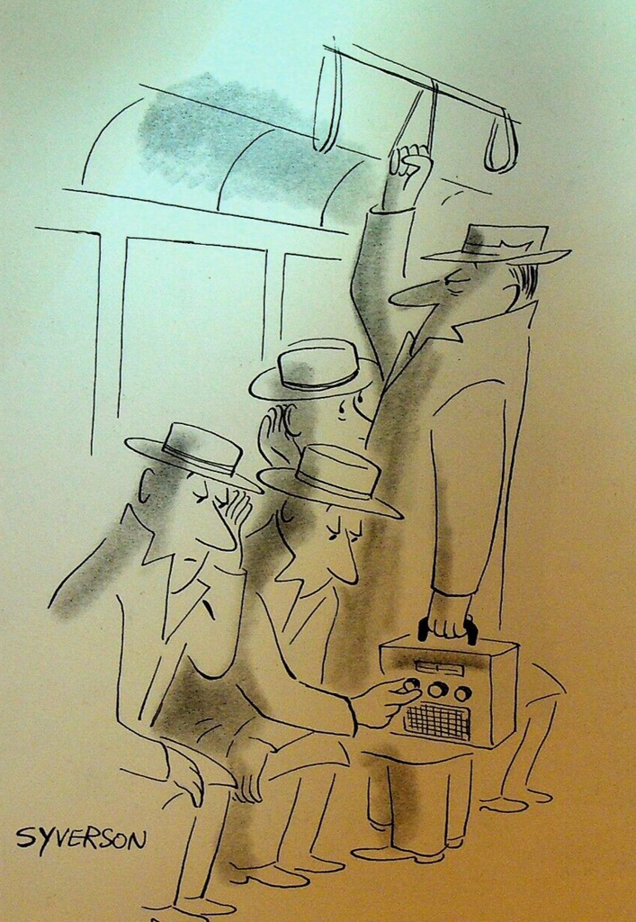 Henry S Syverson Original Art Man on Subway With Radio Passenger Change Channel
