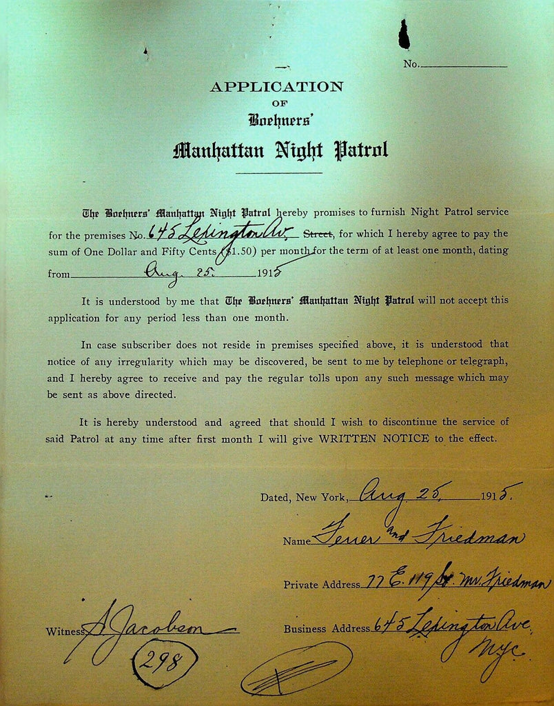 Boehners Manhattan Night Patrol Signed Contract 1915 Ferrer & Freidman E 119th