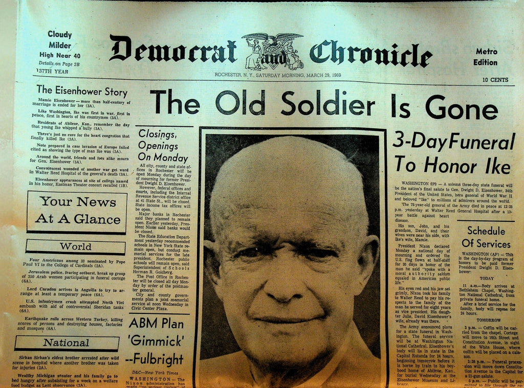 Rochester Democrat & Chronicle March 29 1969 Dwight Eisenhower Death0