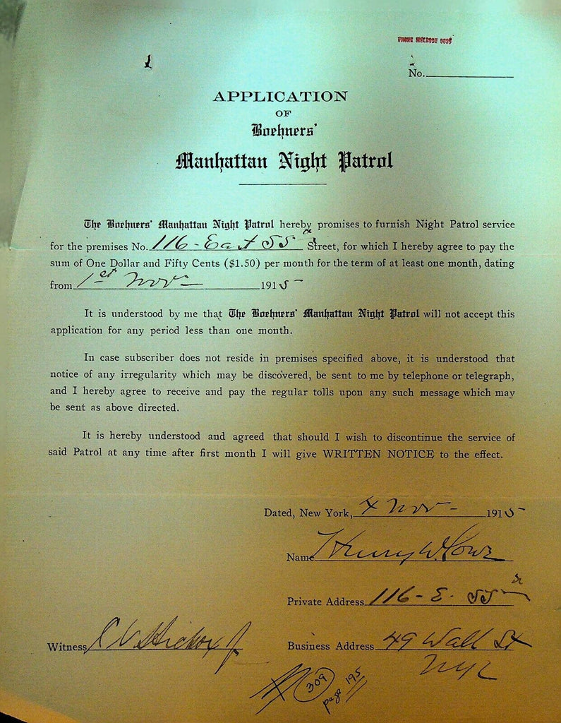 Boehners Manhattan Night Patrol Signed Contract 1915 116 East 55th St