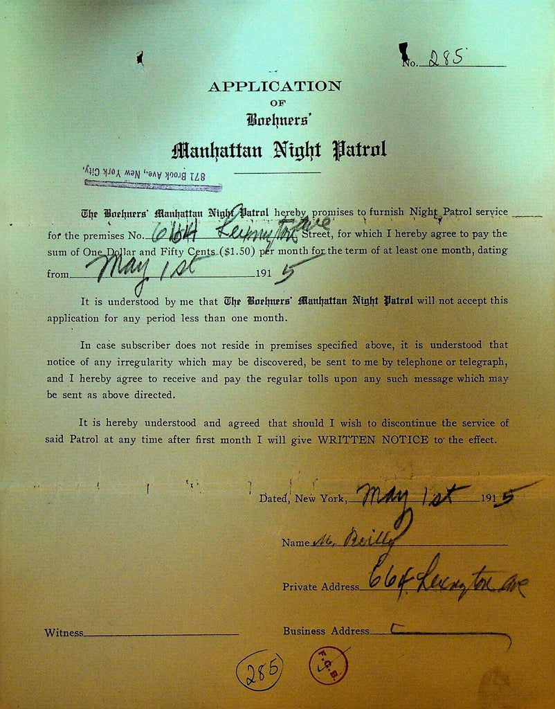 Boehners Manhattan Night Patrol Signed Contract 1915 M Reilly 664 Lexington Ave