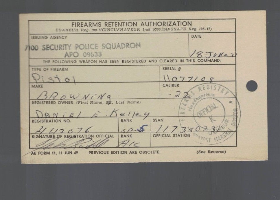 Firearms Retention Authorization 1971 APO Security Police Squadron USAREUR0