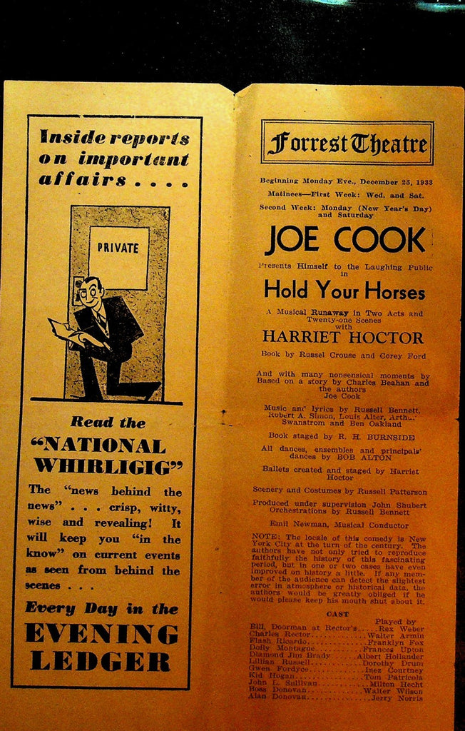 Hold Your Horses Playbill Joe Cook Harriet Hoctor December 25 1933 Frances Upton0