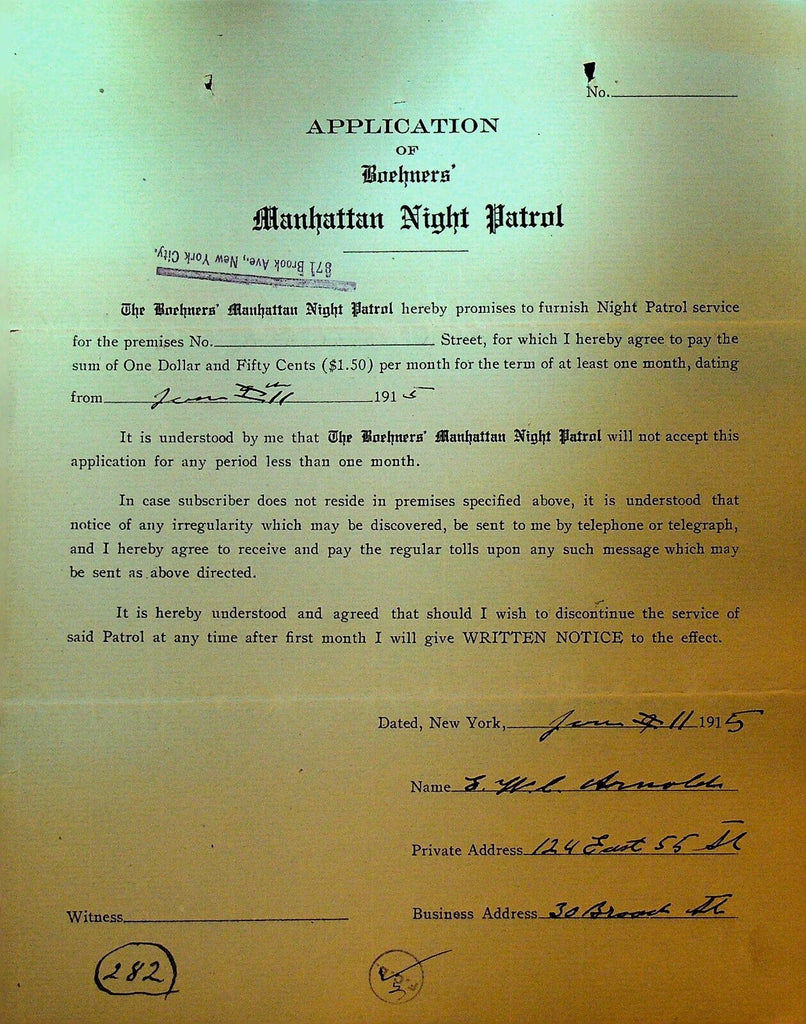 Boehners Manhattan Night Patrol Signed Contract 1915 FWL Arnold 124 E 55th St