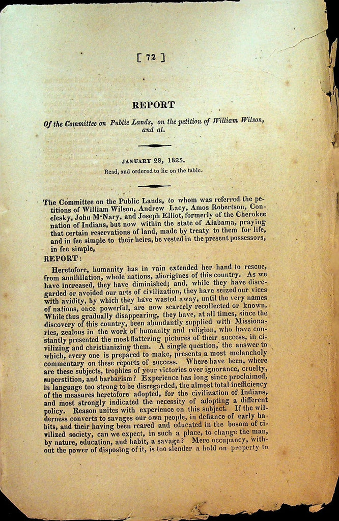 Congressional Report William Wilson Cherokee Nation Land January 28 18230