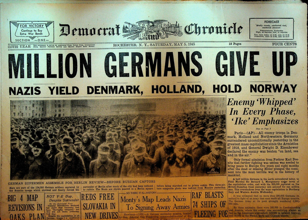 WWII Newspaper Rochester Democrat & Chronicle May 5 1945 Denmark Holland0