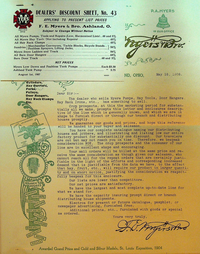 FE Myers 1908 Letterhead Force & Lift Pumps Hay Tools Ashland Ohio Agriculture0