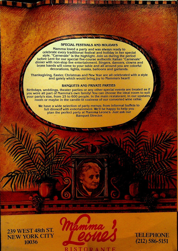 Mamma Leone's Ristorante Menu New York City ca 19800