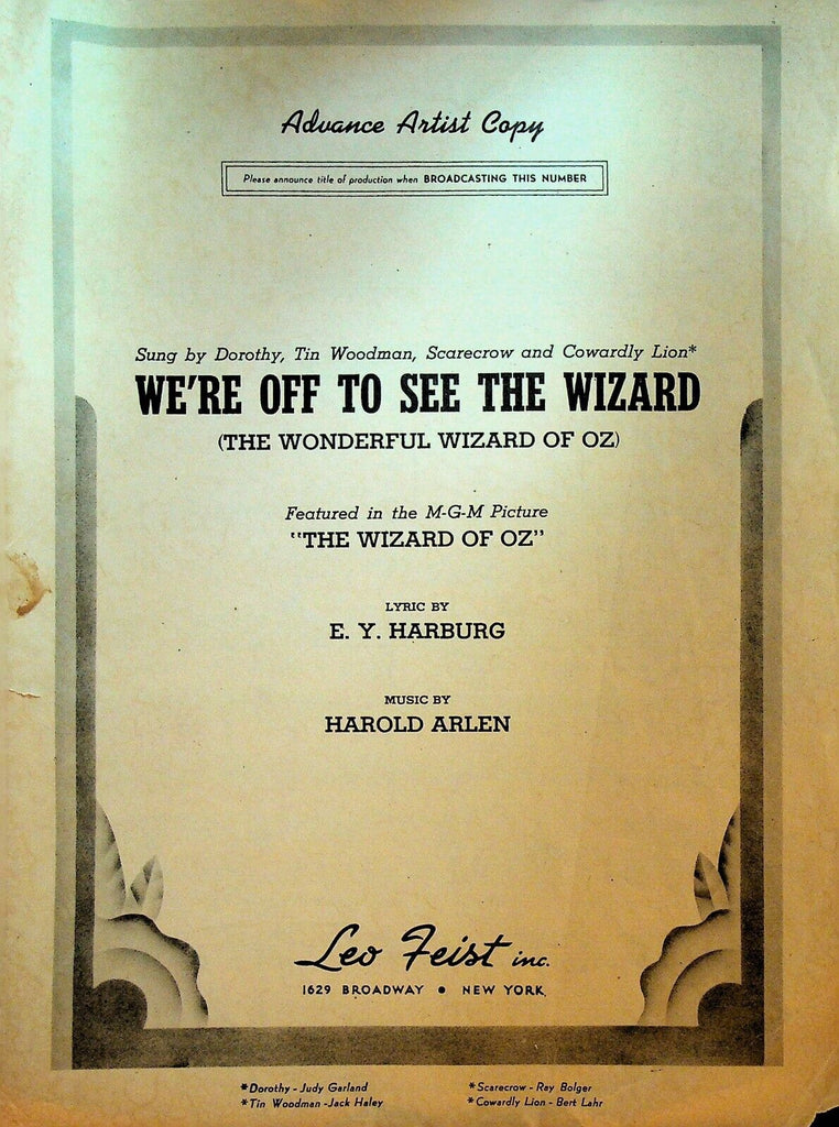 We're Off to See the Wizard Sheet Music Advance Artist Copy 1939 Wizard of Oz