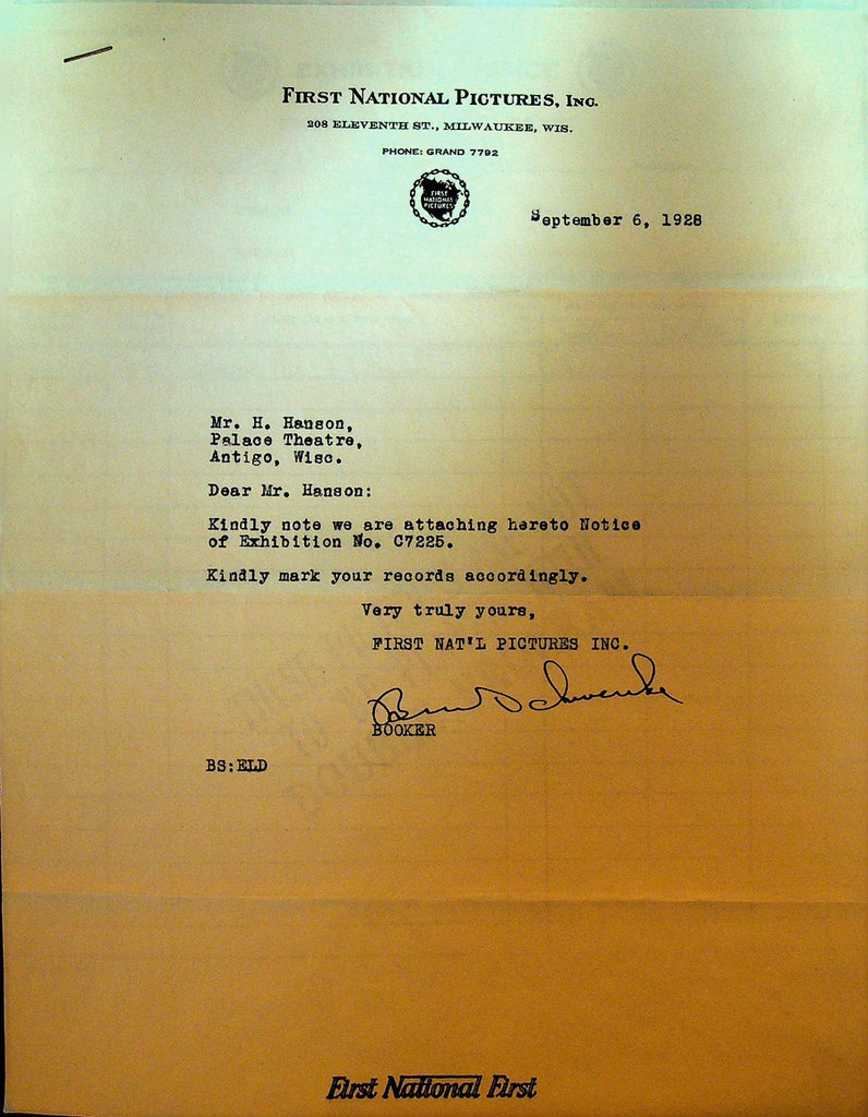First National Pictures Letterhead September 6 1928 Harold Teen0