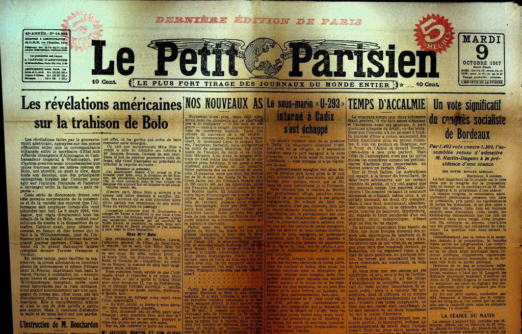 Le Petit Parisien WWI Newspaper France October 9 1917 German Submarine U-293