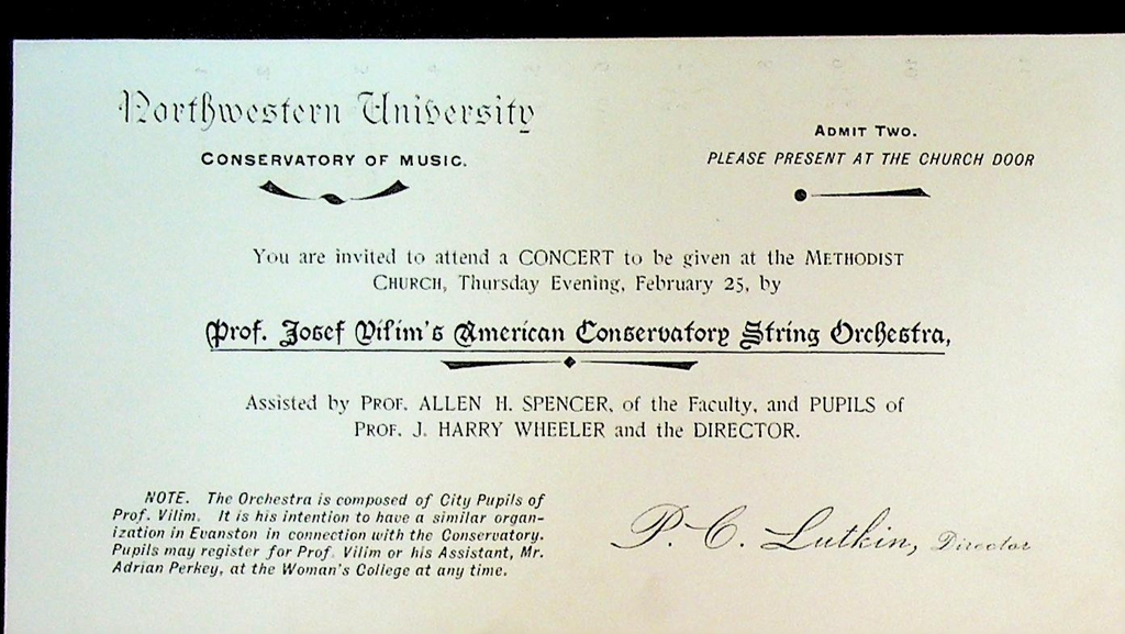 Josef Vilim American Conservatory String Orchestra 1897 Ticket Northwestern0