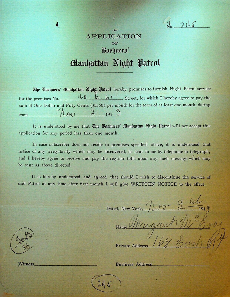 Boehners Manhattan Night Patrol Signed Contract 1913 Margaret McEvoy 168 E 61st