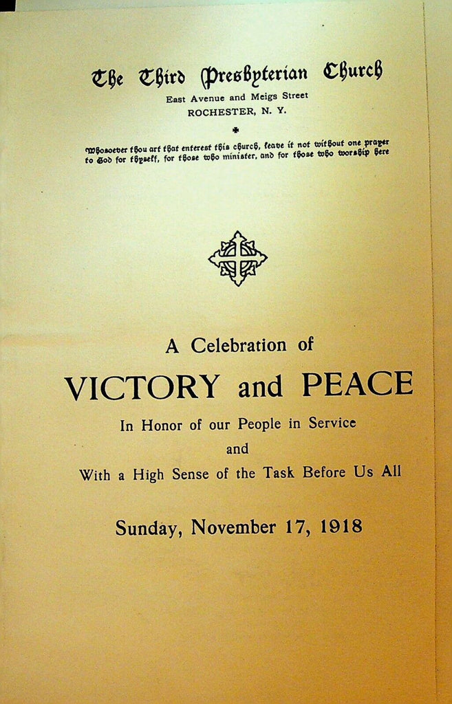 A Celebration of Victory & Peace WWI Church Program Rochester NY November 1918