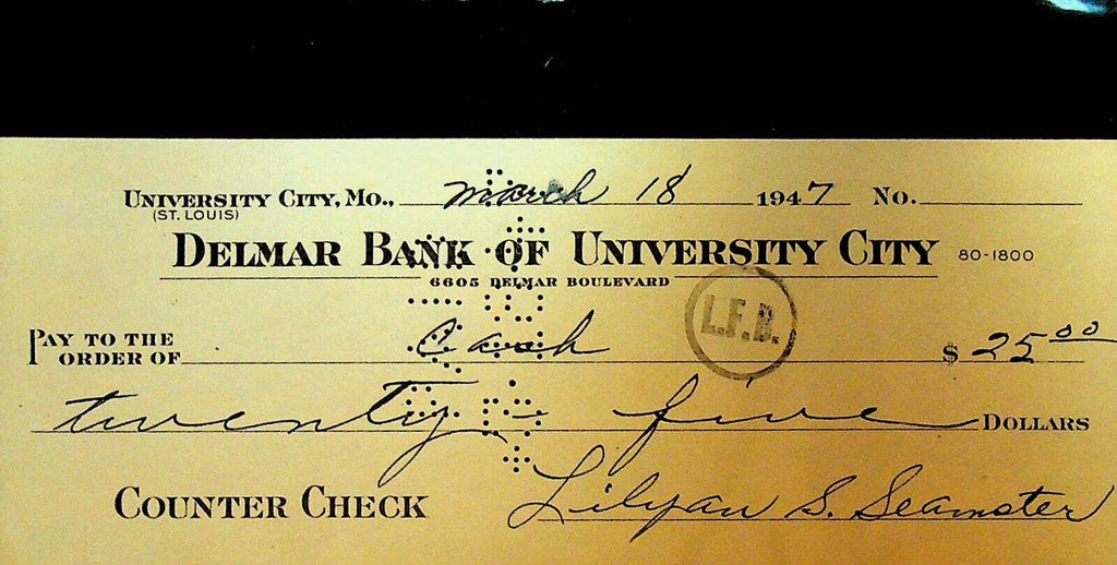 Delmar Bank of University City Missouri Bank Check 1947