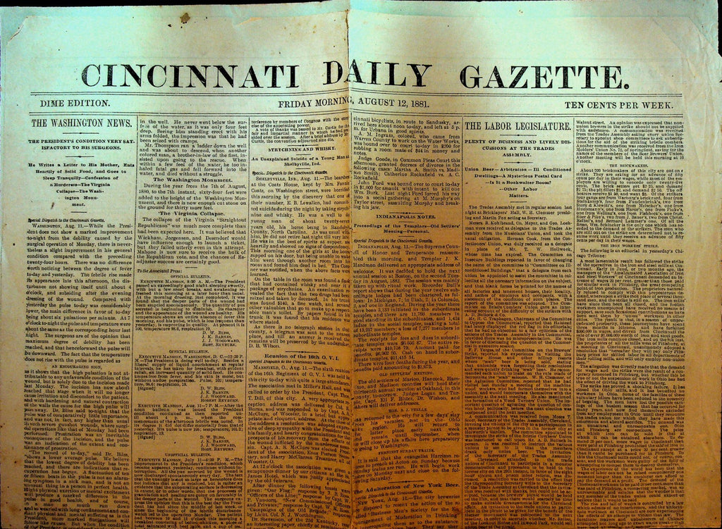 Cincinnati Daily Gazette August 12 1881 President Garfield Union Beer Whiskey0