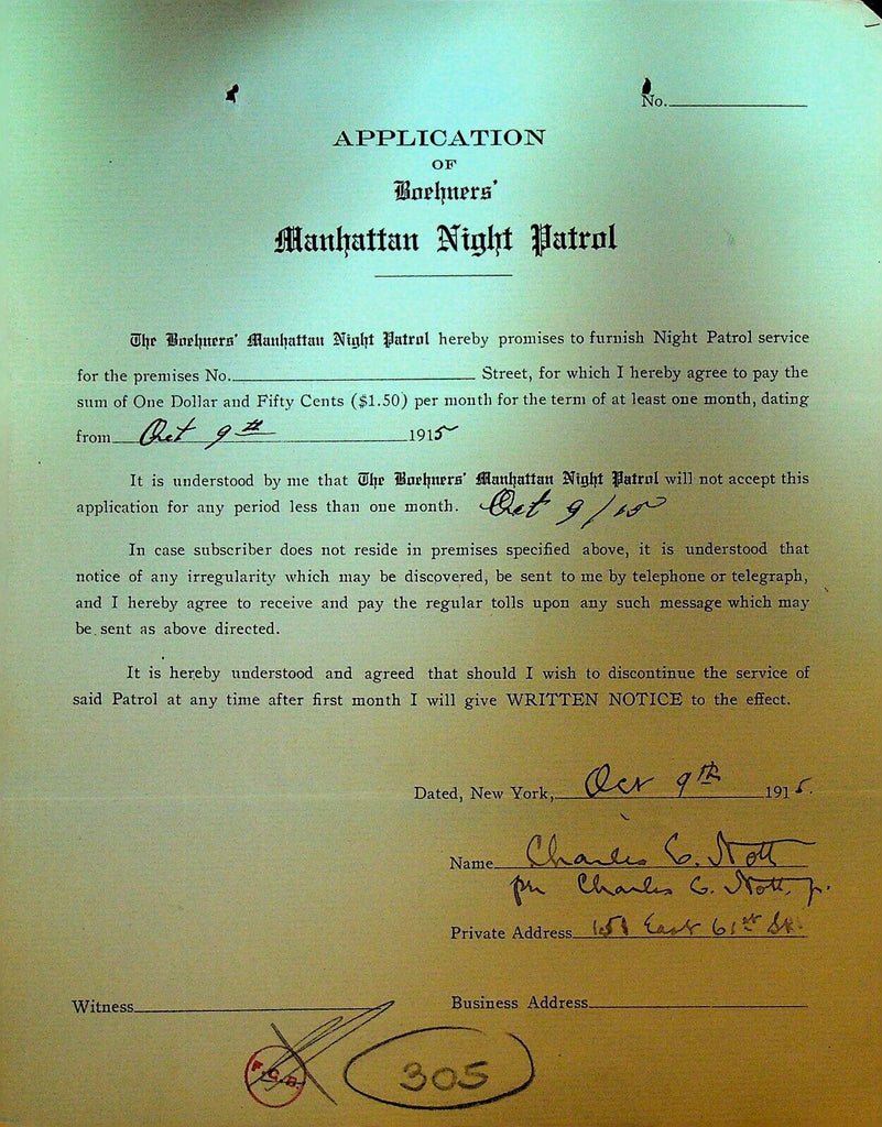 Boehners Manhattan Night Patrol Signed Contract 1915 Charles Nott 151 E 61st St