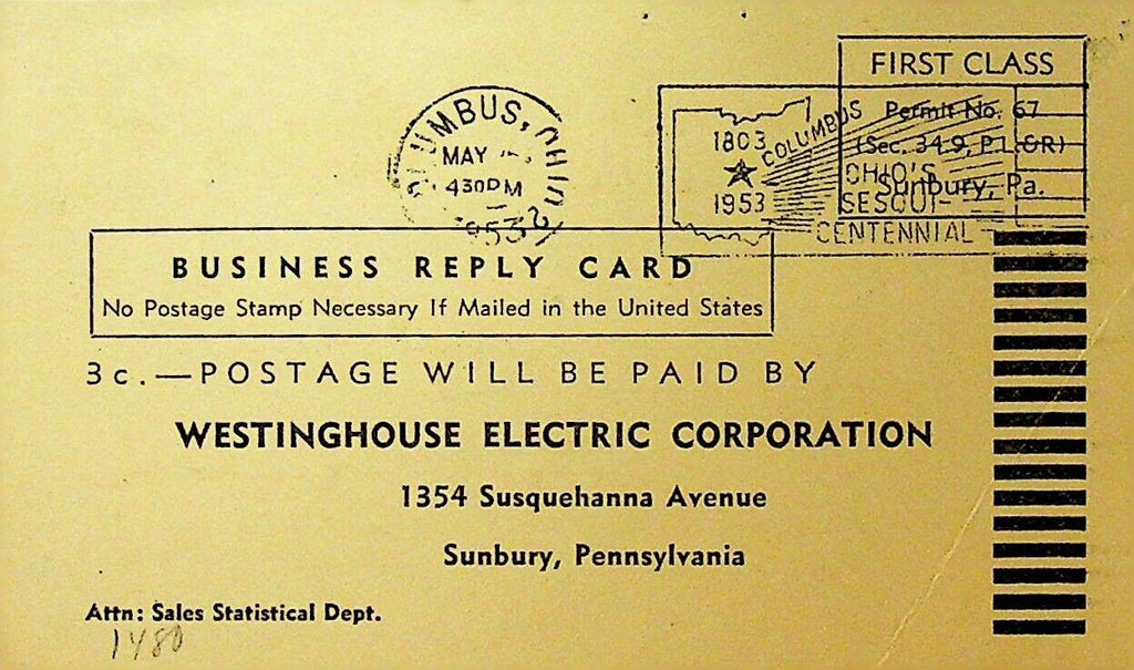 Westinghouse Electric Business Reply Card 1953 Ohio Sesquicentennial Cancel