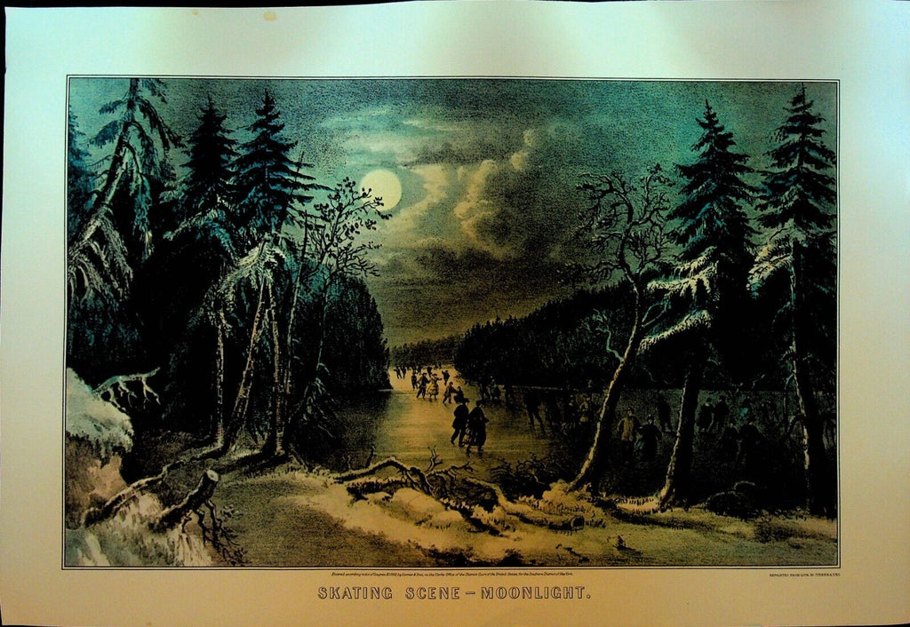 Currier & Ives Calendar Topper 1968 Ice Skating Scene Moonlight