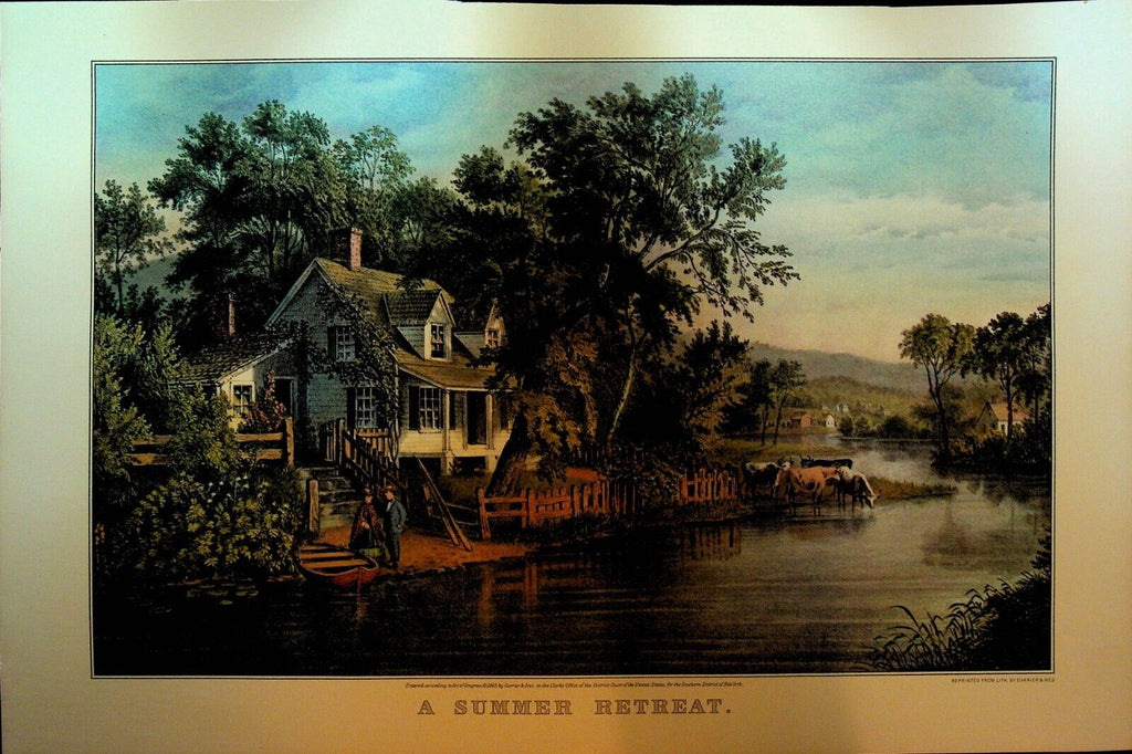 Currier & Ives Calendar Topper 1968 A Summer Retreat Cows Rowboat