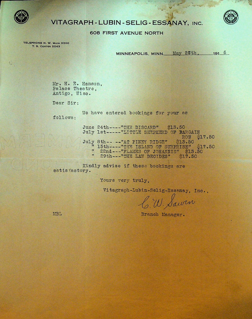 Vitagraph Lubin Selig Essanay Letterhead May 25 1916 The Law Decides0