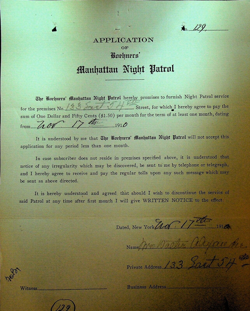 Boehners Manhattan Night Patrol Signed Contract 1910 Mrs Alexander 133 E 54th St
