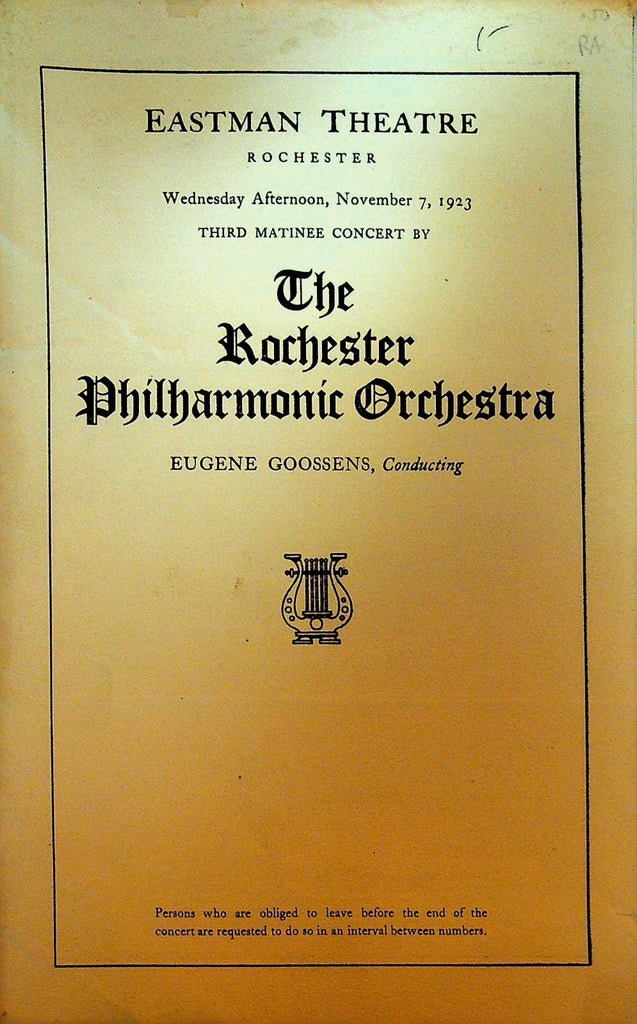 Rochester Philharmonic Orchestra Program November 7 1923 Eugene Goossens0