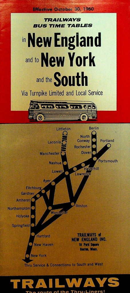 Trailways Bus Time Table New England New York & the South October 30 1960