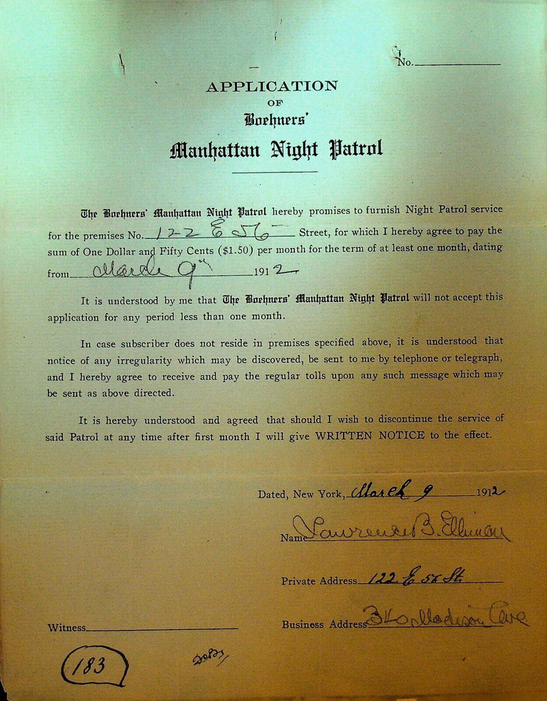 Boehners Manhattan Night Patrol Signed Contract 1910 Lawrence Ellinau 122 E 56th