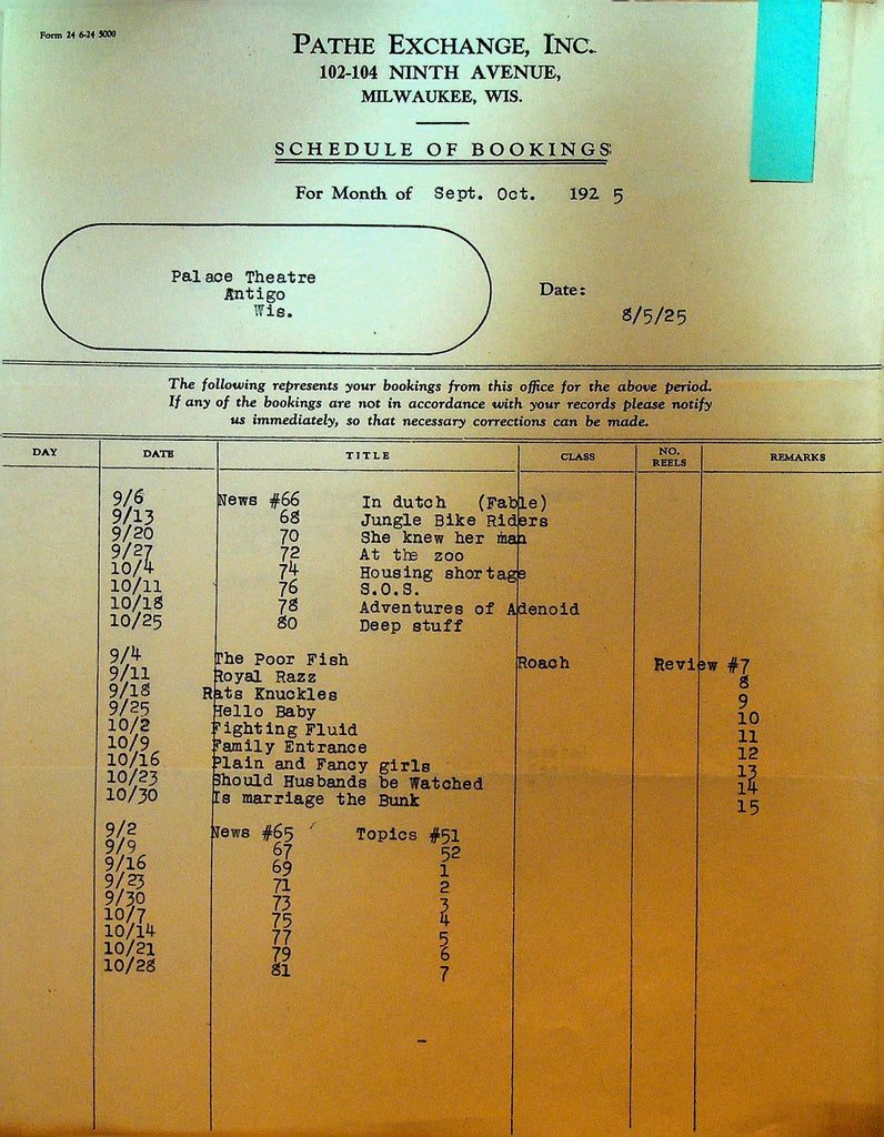 Pathe Exchange Schedule of Bookings September 1925 Jungle Bike Riders At the Zoo0