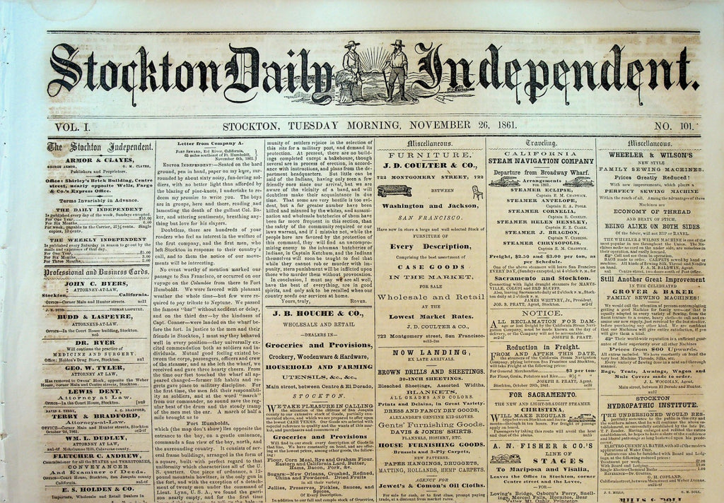 Stockton Daily Independent Newspaper November 26 1861 Civil War California0