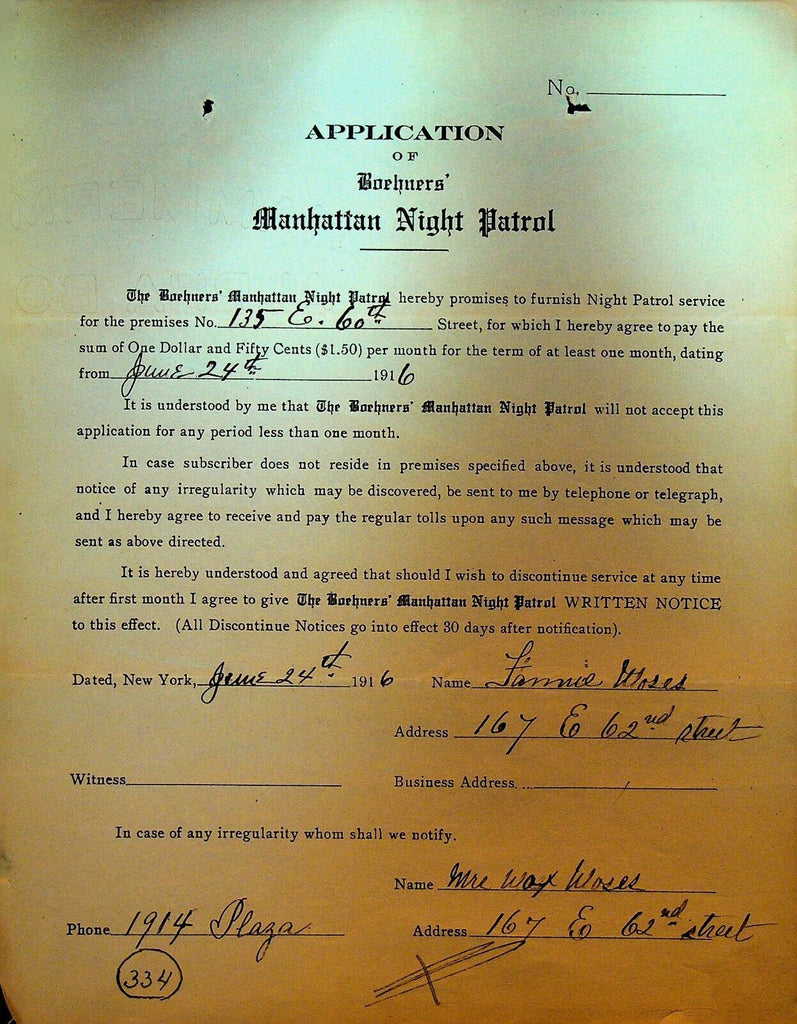 Boehners Manhattan Night Patrol Signed Contract 1916 Fannie Moses 167 E 62nd St