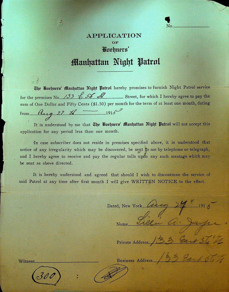 Boehners Manhattan Night Patrol Signed Contract 1915 133 East 56th St