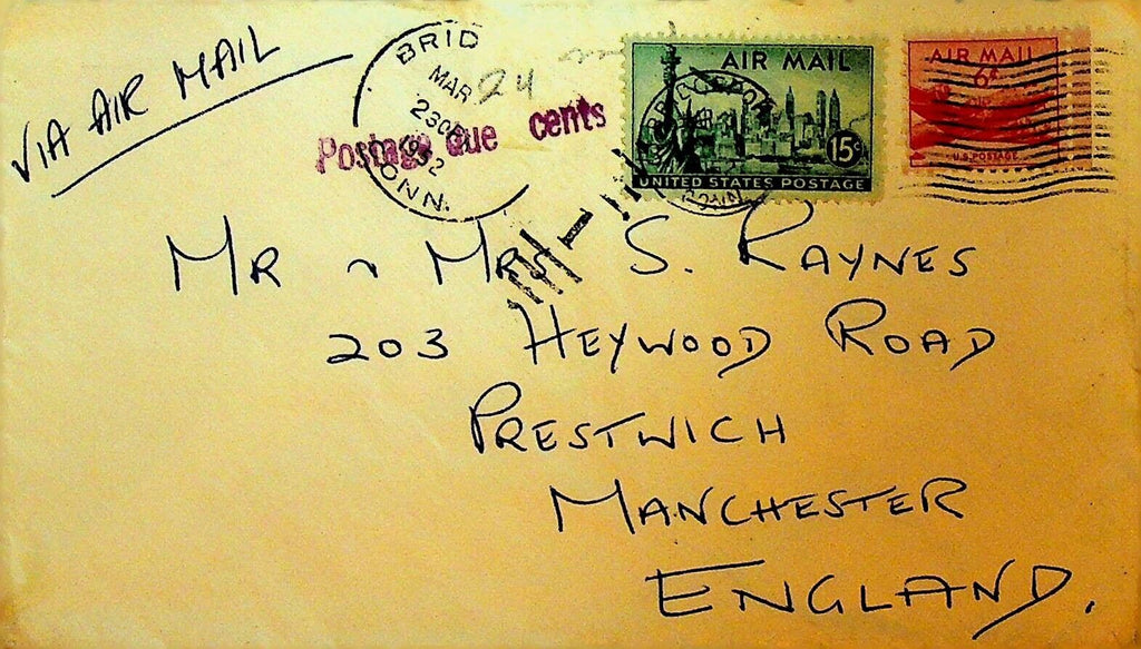 Postal Cover Postage Due Airmail From Connecticut to Manchester England 1952