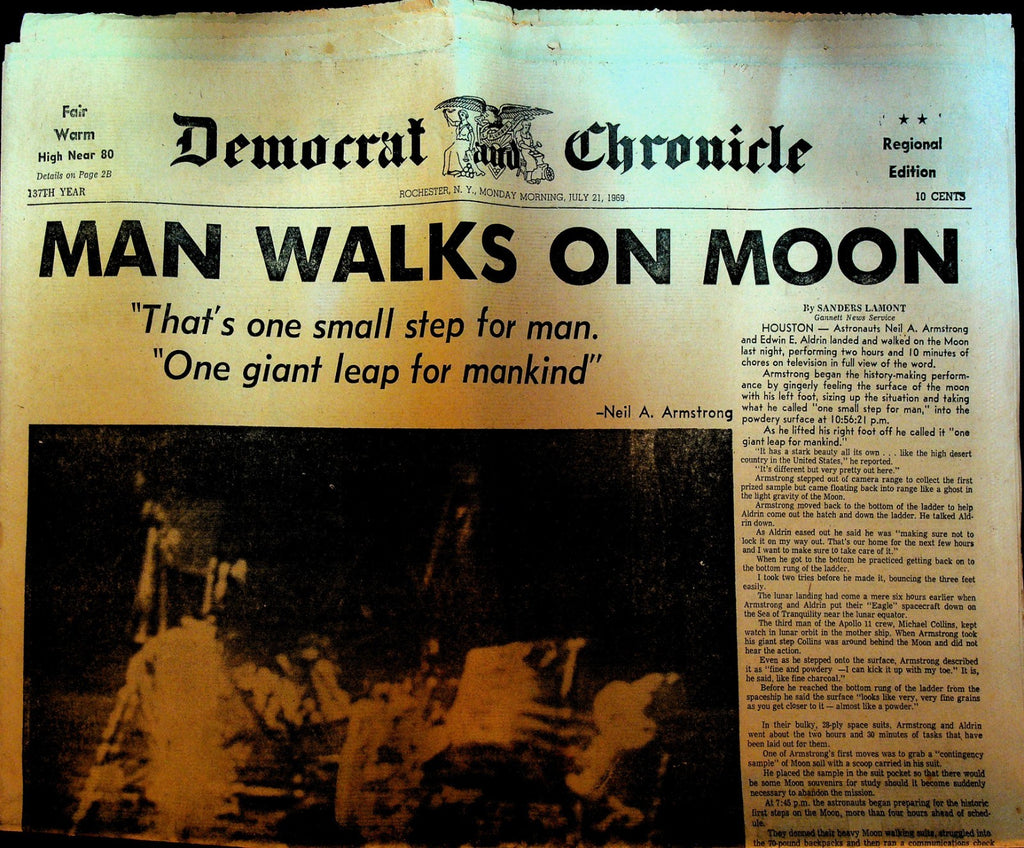 Man Walks on Moon Rochester Democrat & Chronicle Newspaper July 21 19690
