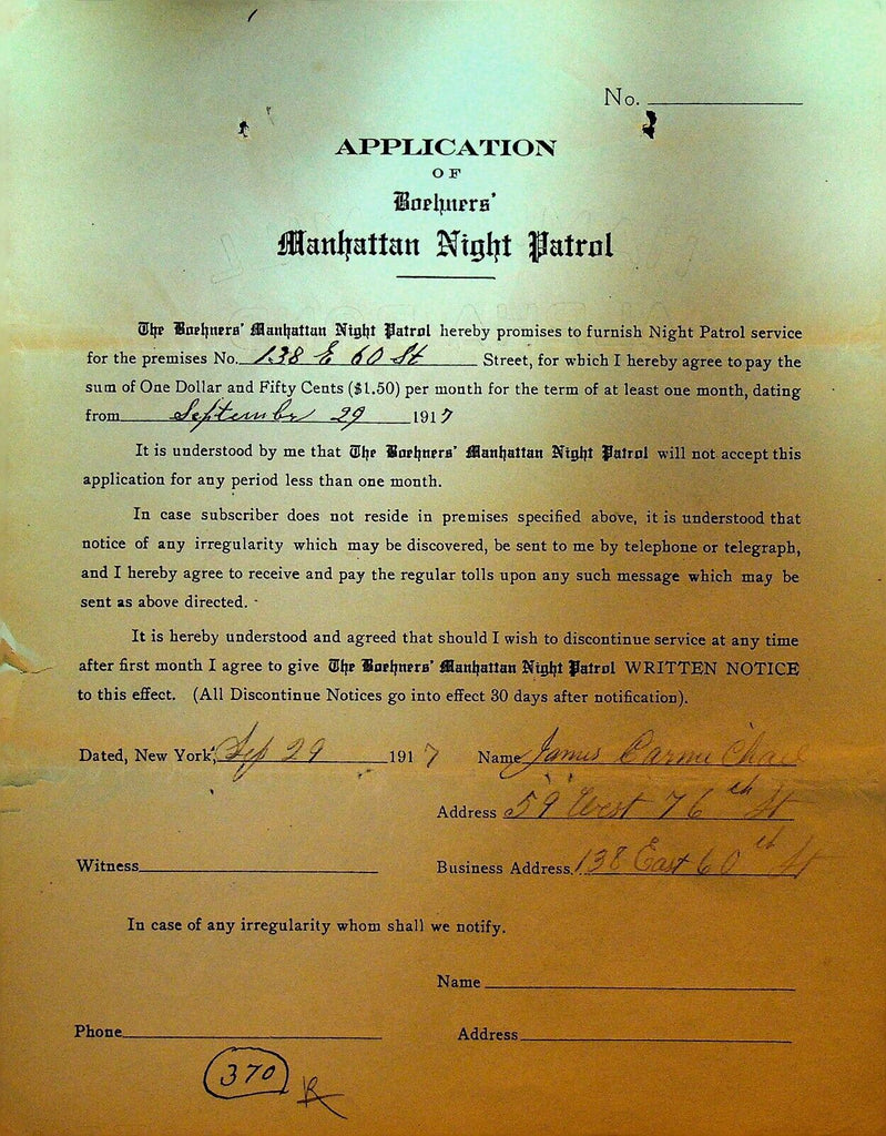 Boehners Manhattan Night Patrol Signed Contract 1917 James Carmichael 138 E 60th