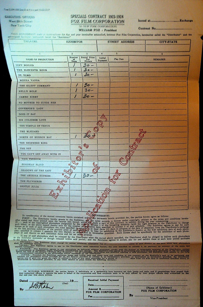Fox Film Application for Contract 1923 Cameo Kirby The Arizona Express0