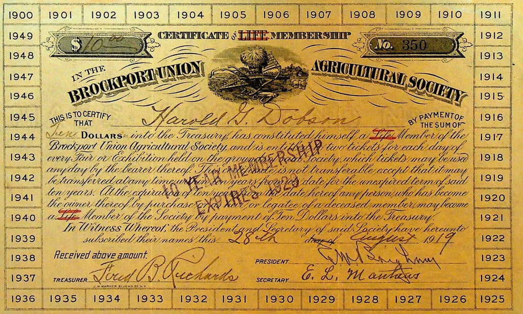 Brockport NY Agricultural Society Certificate of Life Membership 1919 Dobson
